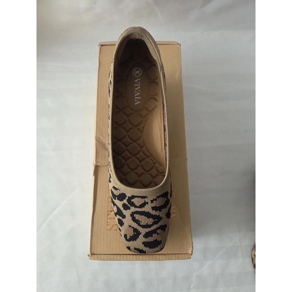 Vivaia Leopard Print Knit Square Toe Wedge Pumps Tan Black New Size 38 US 7‎